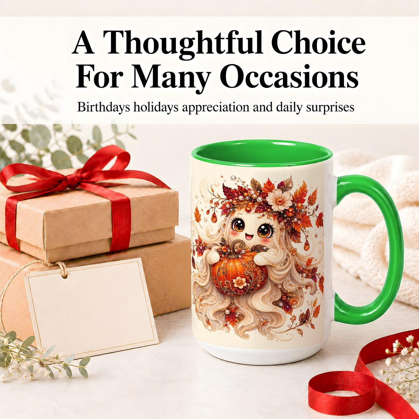 #pl[15oz|Green] Autumn Ghost Accent Mug, Ceramic Mug with Jeweled Pumpkin Artwork