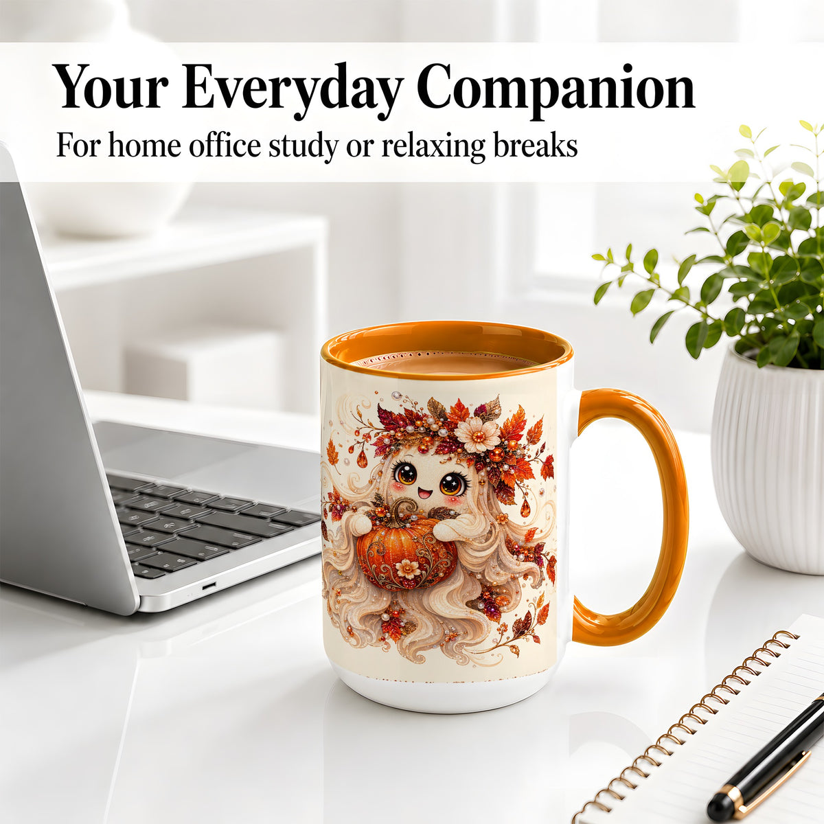 #pl[15oz|Orange] Autumn Ghost Accent Mug, Ceramic Mug with Jeweled Pumpkin Artwork
