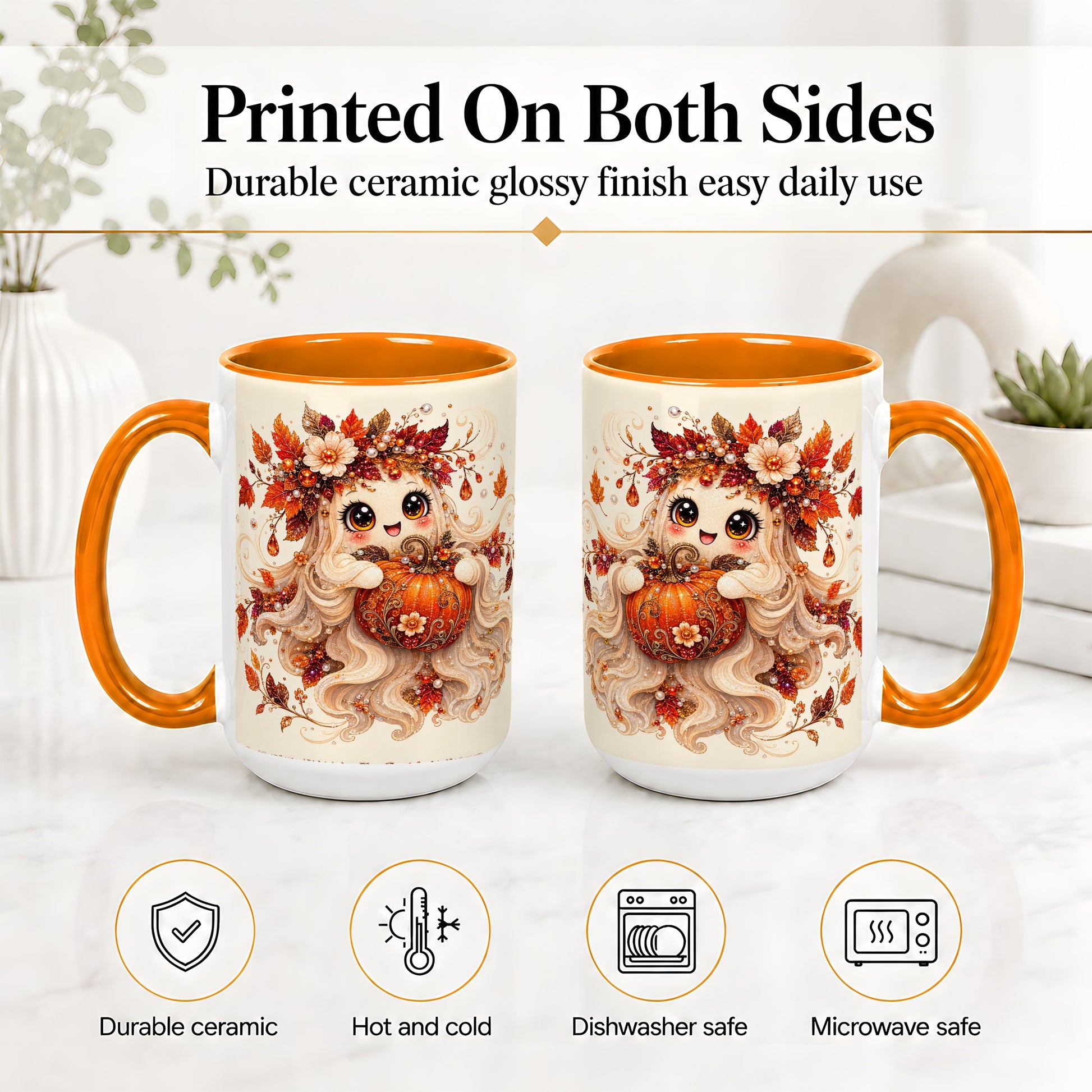 #pl[15oz|Orange] Autumn Ghost Accent Mug, Ceramic Mug with Jeweled Pumpkin Artwork