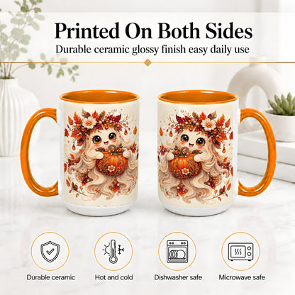 #pl[15oz|Orange] Autumn Ghost Accent Mug, Ceramic Mug with Jeweled Pumpkin Artwork