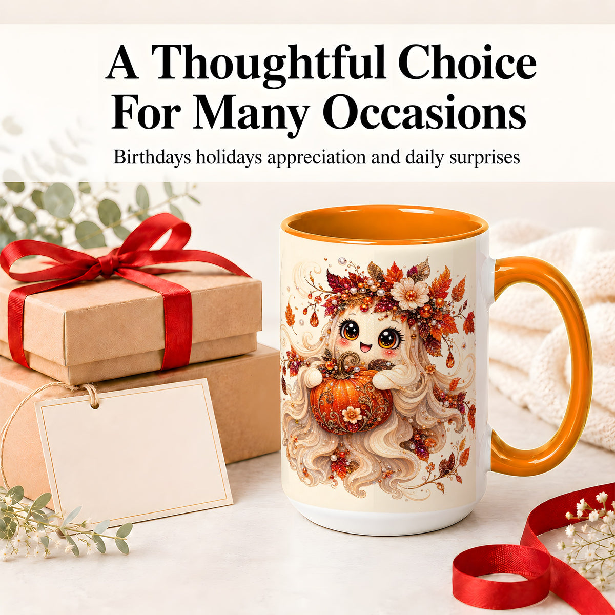 #pl[15oz|Orange] Autumn Ghost Accent Mug, Ceramic Mug with Jeweled Pumpkin Artwork