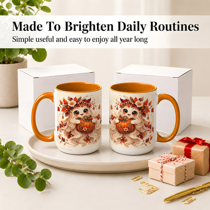 #pl[15oz|Orange] Autumn Ghost Accent Mug, Ceramic Mug with Jeweled Pumpkin Artwork