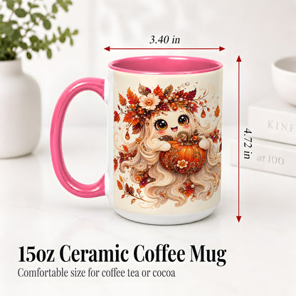 #pl[15oz|Pink] Autumn Ghost Accent Mug, Ceramic Mug with Jeweled Pumpkin Artwork