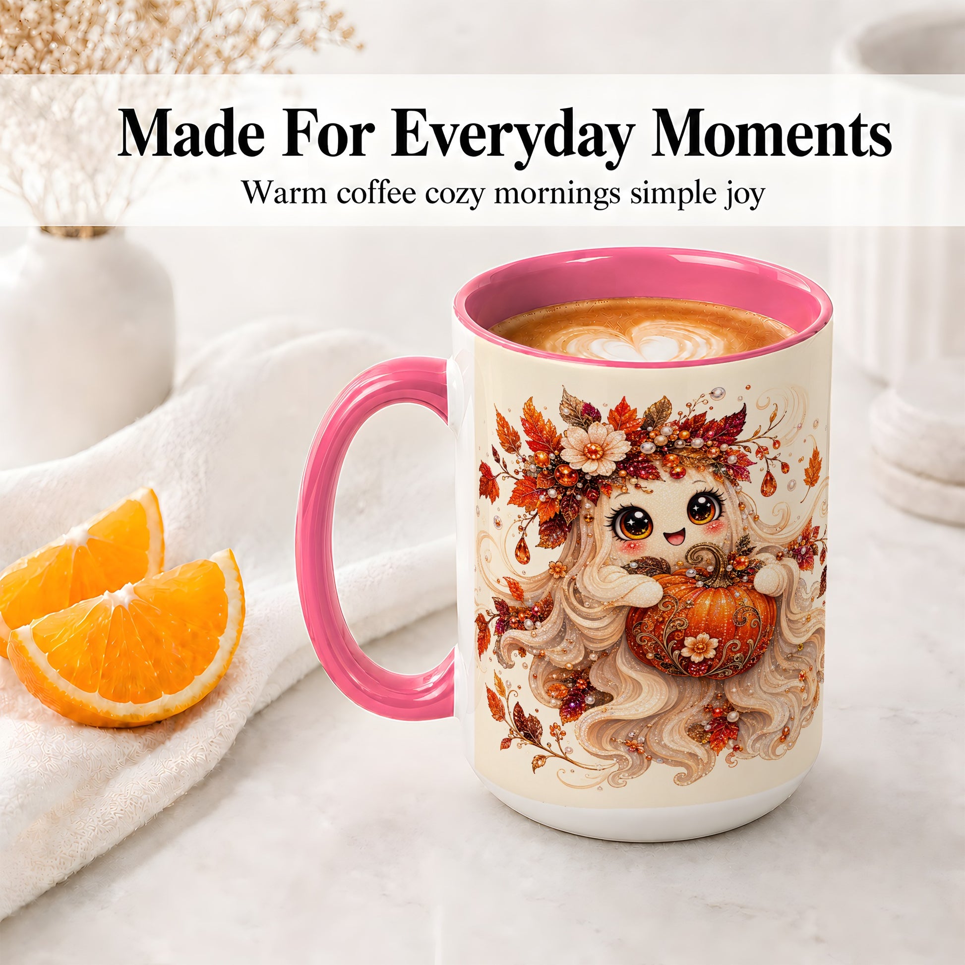 #pl[15oz|Pink] Autumn Ghost Accent Mug, Ceramic Mug with Jeweled Pumpkin Artwork