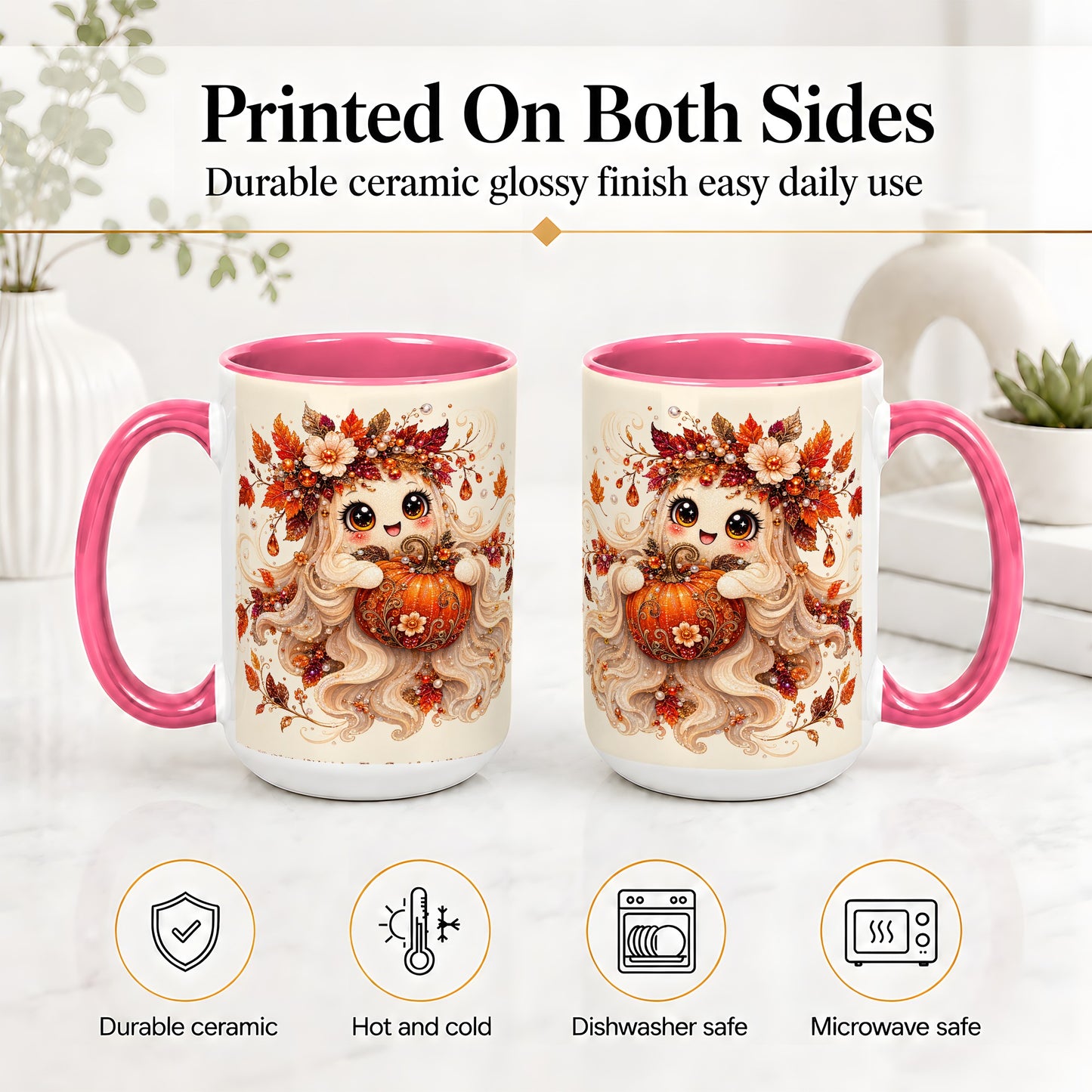 #pl[15oz|Pink] Autumn Ghost Accent Mug, Ceramic Mug with Jeweled Pumpkin Artwork