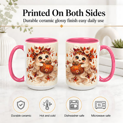 #pl[15oz|Pink] Autumn Ghost Accent Mug, Ceramic Mug with Jeweled Pumpkin Artwork