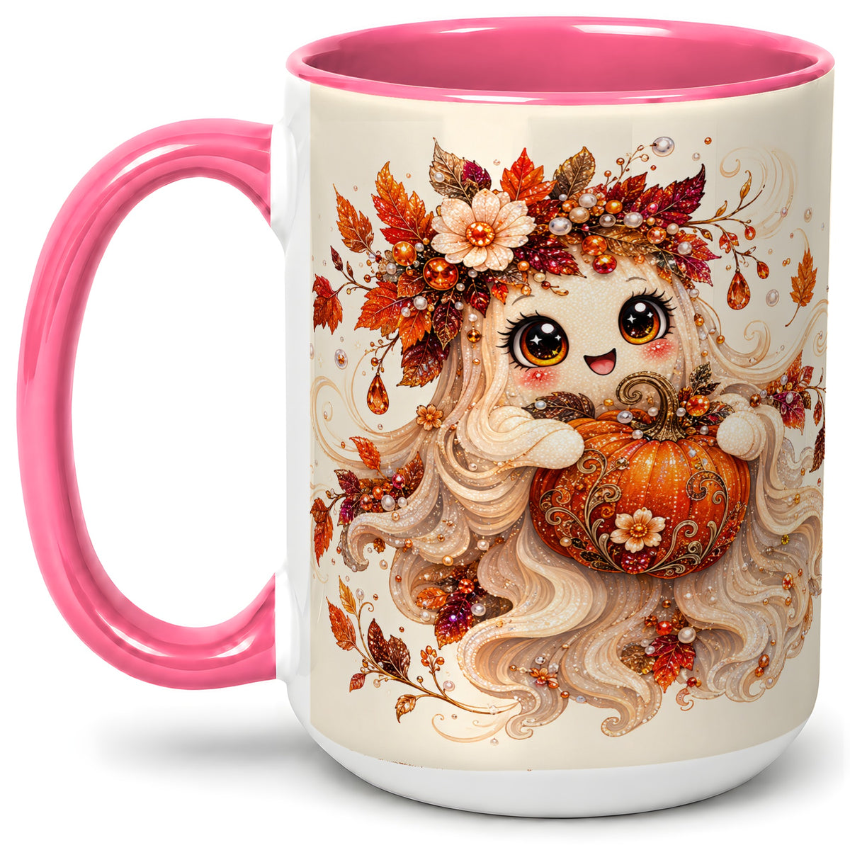 #pl[15oz|Pink] Autumn Ghost Accent Mug, Ceramic Mug with Jeweled Pumpkin Artwork