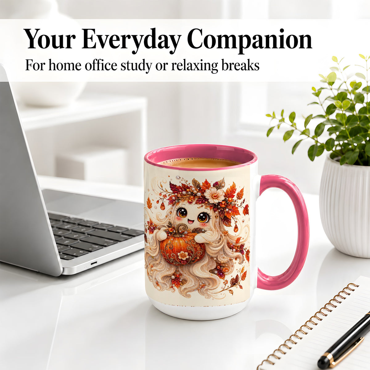 #pl[15oz|Pink] Autumn Ghost Accent Mug, Ceramic Mug with Jeweled Pumpkin Artwork