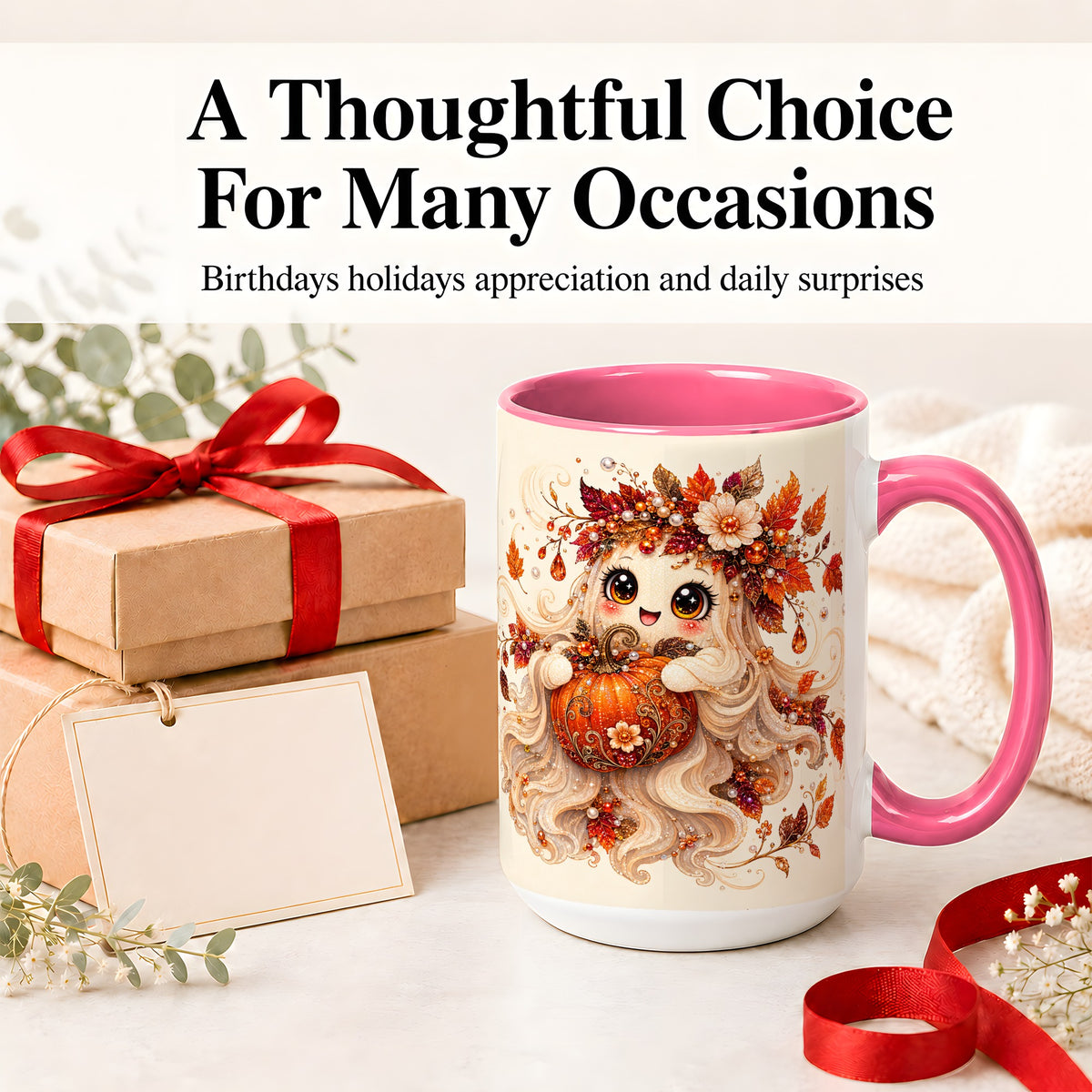 #pl[15oz|Pink] Autumn Ghost Accent Mug, Ceramic Mug with Jeweled Pumpkin Artwork