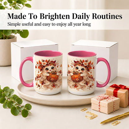 #pl[15oz|Pink] Autumn Ghost Accent Mug, Ceramic Mug with Jeweled Pumpkin Artwork