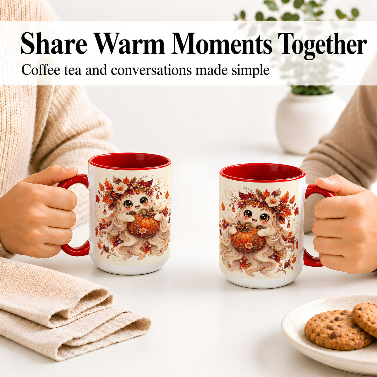#pl[15oz|Red] Autumn Ghost Accent Mug, Ceramic Mug with Jeweled Pumpkin Artwork