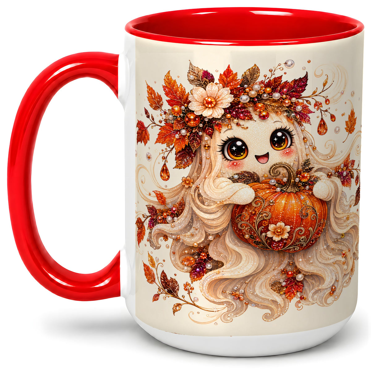 #pl[15oz|Red] Autumn Ghost Accent Mug, Ceramic Mug with Jeweled Pumpkin Artwork