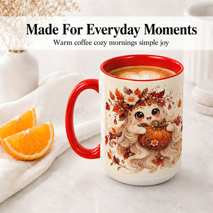 #pl[15oz|Red] Autumn Ghost Accent Mug, Ceramic Mug with Jeweled Pumpkin Artwork