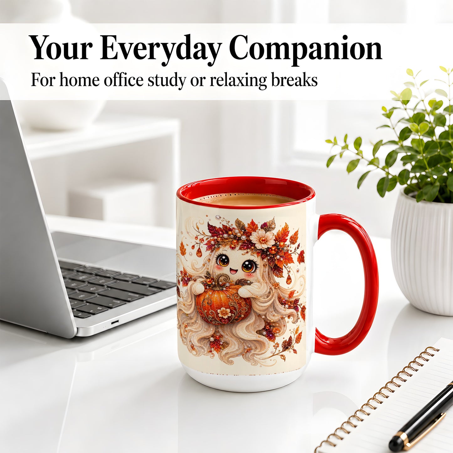 #pl[15oz|Red] Autumn Ghost Accent Mug, Ceramic Mug with Jeweled Pumpkin Artwork