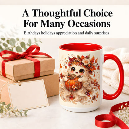 #pl[15oz|Red] Autumn Ghost Accent Mug, Ceramic Mug with Jeweled Pumpkin Artwork