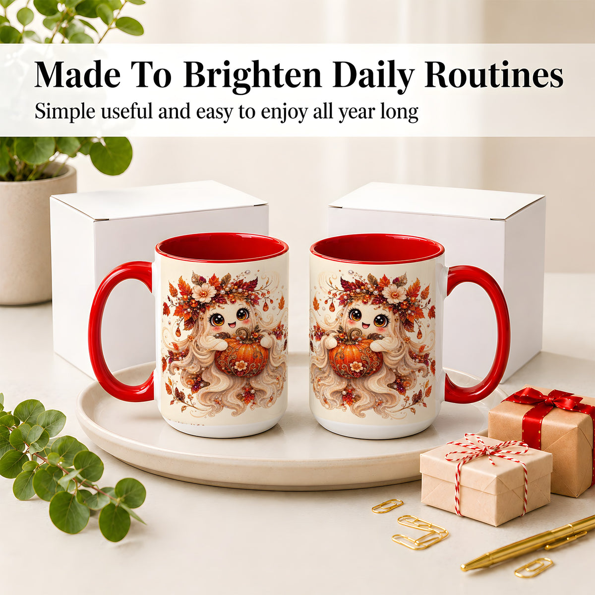 #pl[15oz|Red] Autumn Ghost Accent Mug, Ceramic Mug with Jeweled Pumpkin Artwork