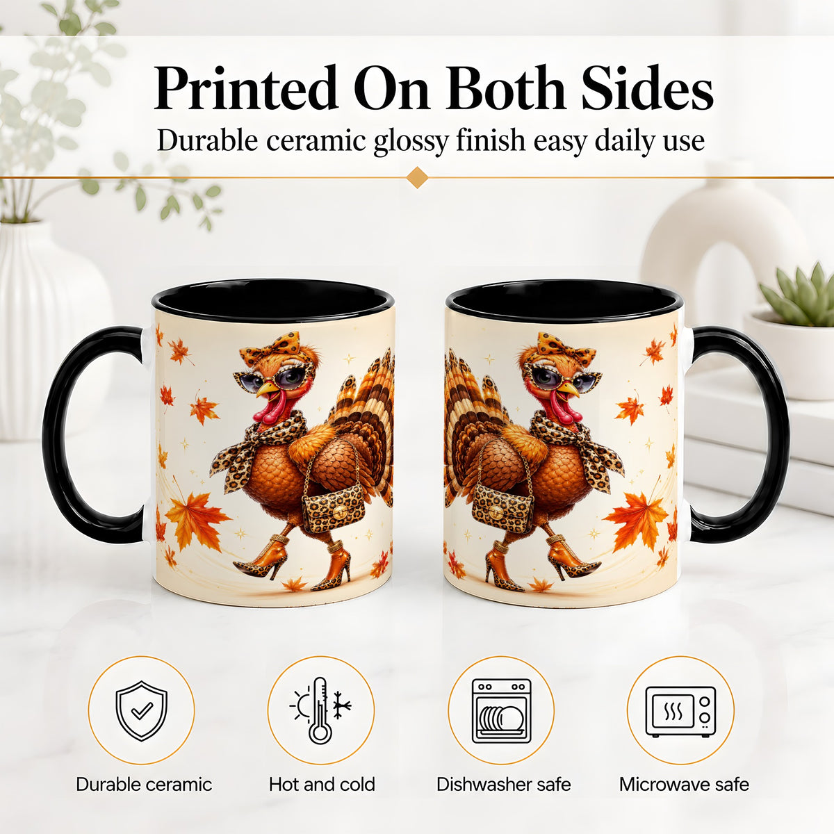 #pl[11oz|Black] Fashion Turkey Accent Mug, Ceramic Mug with Leopard Print Artwork