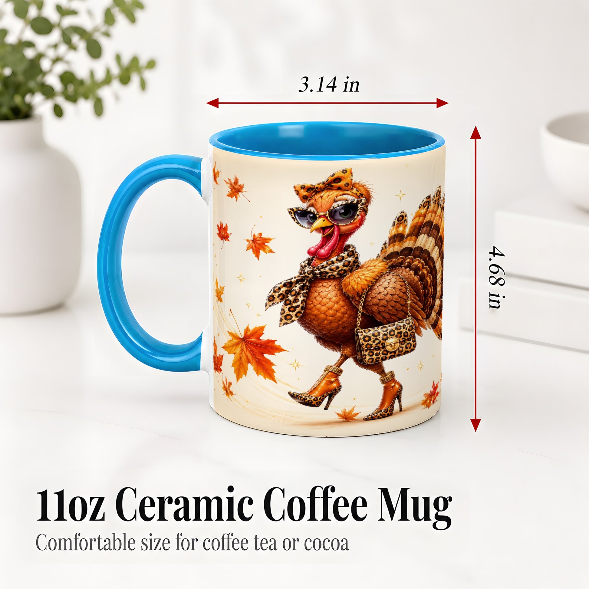 #pl[11oz|Blue] Fashion Turkey Accent Mug, Ceramic Mug with Leopard Print Artwork