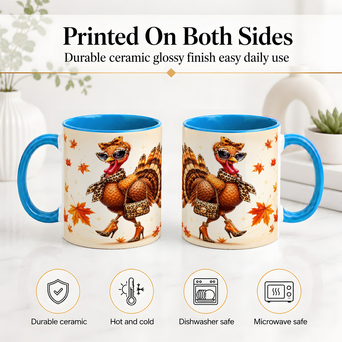 #pl[11oz|Blue] Fashion Turkey Accent Mug, Ceramic Mug with Leopard Print Artwork
