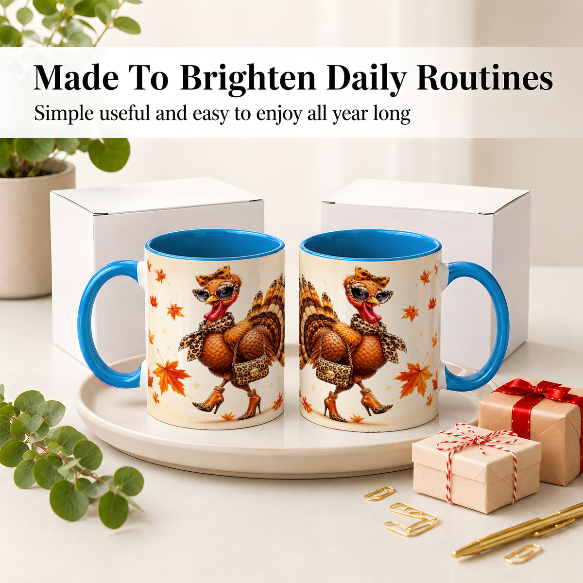 #pl[11oz|Blue] Fashion Turkey Accent Mug, Ceramic Mug with Leopard Print Artwork