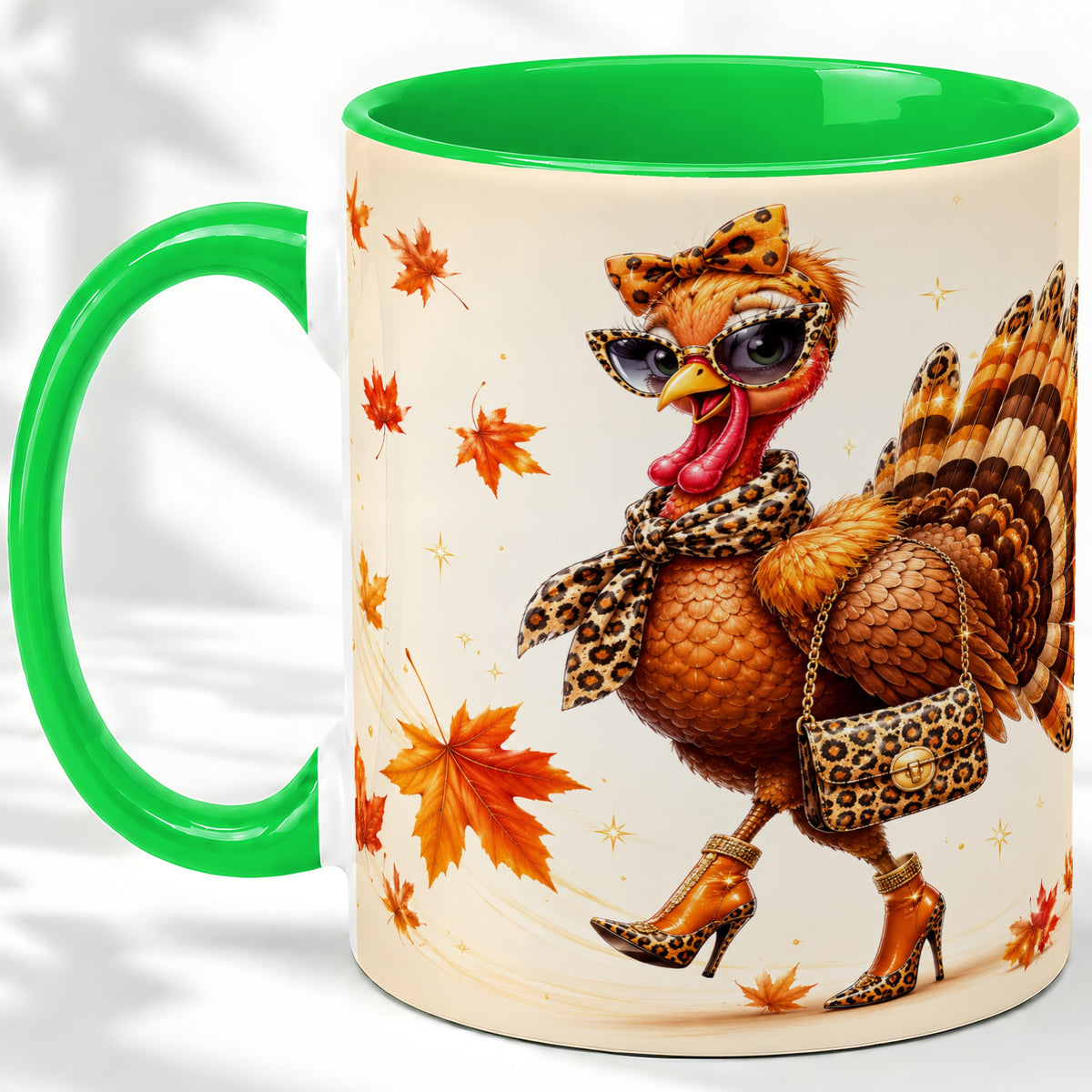 #pl[11oz|Green] Fashion Turkey Accent Mug, Ceramic Mug with Leopard Print Artwork