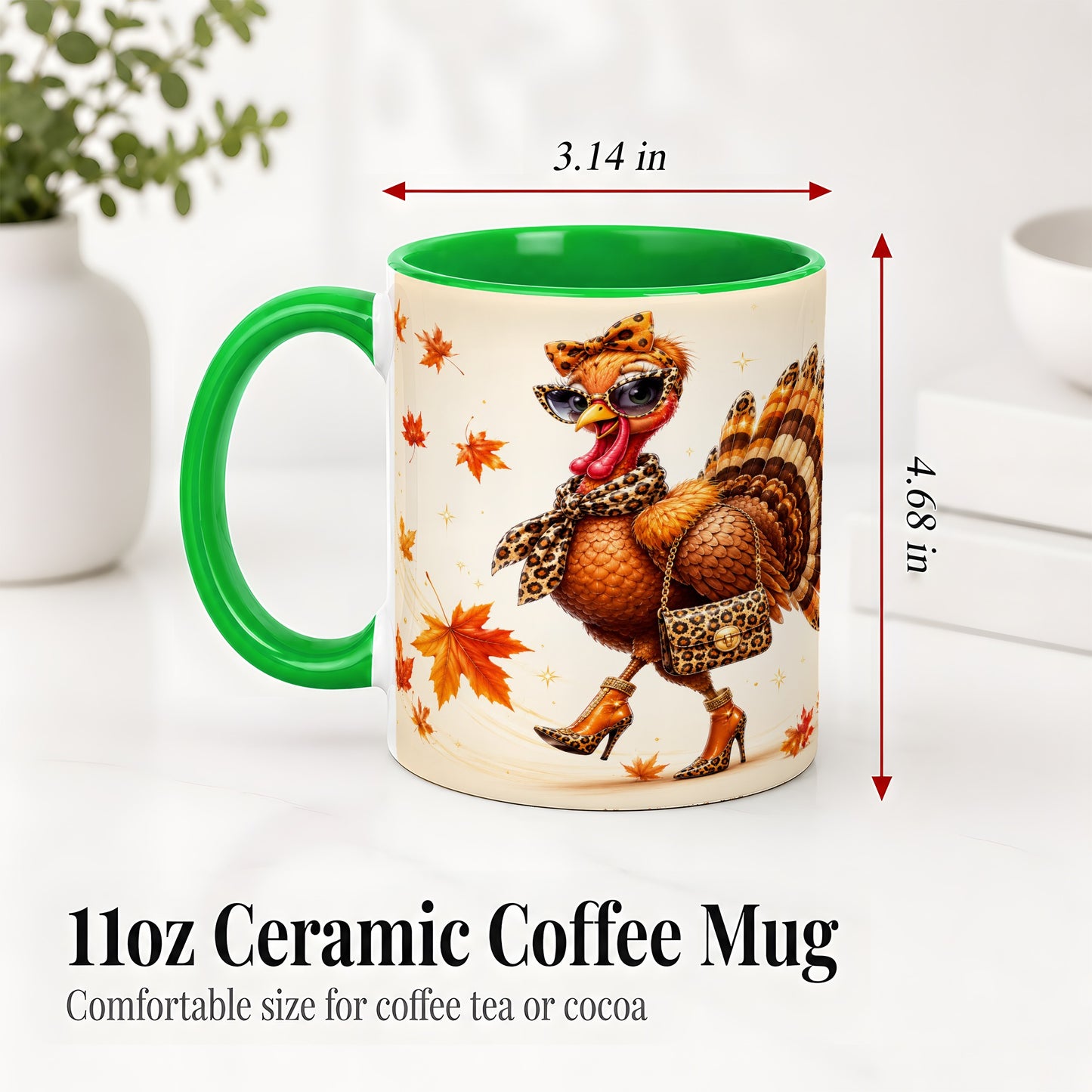 #pl[11oz|Green] Fashion Turkey Accent Mug, Ceramic Mug with Leopard Print Artwork