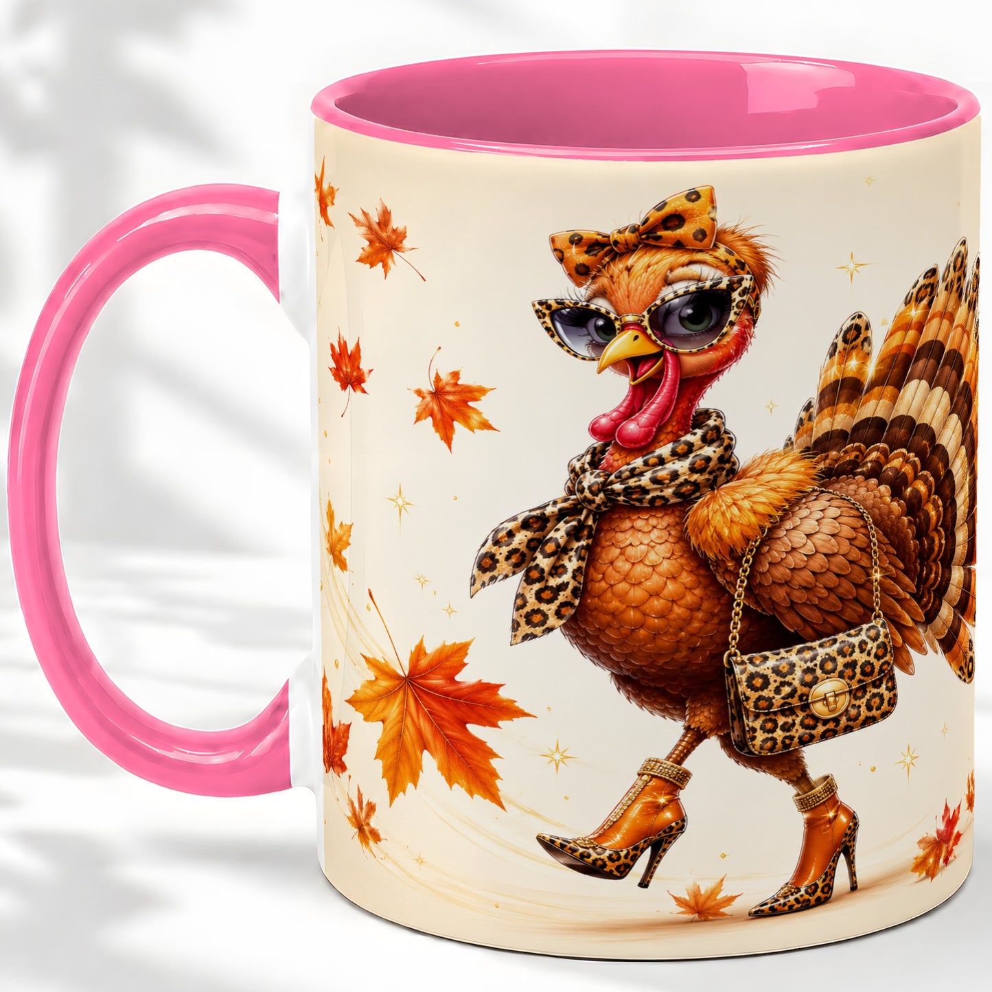 #pl[11oz|Pink] Fashion Turkey Accent Mug, Ceramic Mug with Leopard Print Artwork