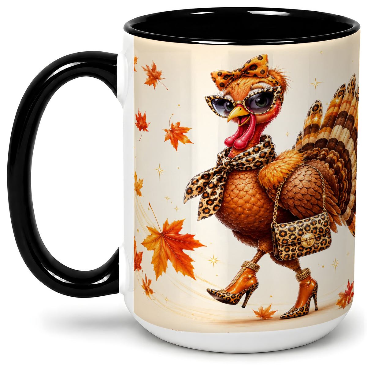 #pl[15oz|Black] Fashion Turkey Accent Mug, Ceramic Mug with Leopard Print Artwork