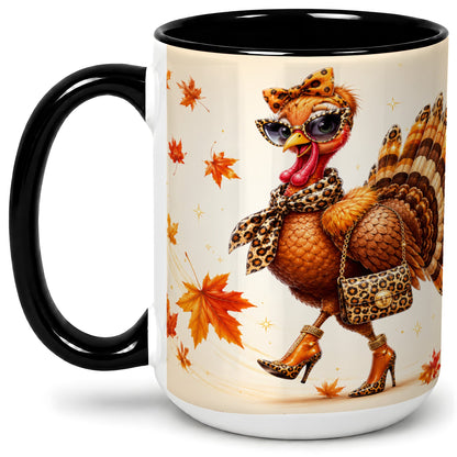 #pl[15oz|Black] Fashion Turkey Accent Mug, Ceramic Mug with Leopard Print Artwork