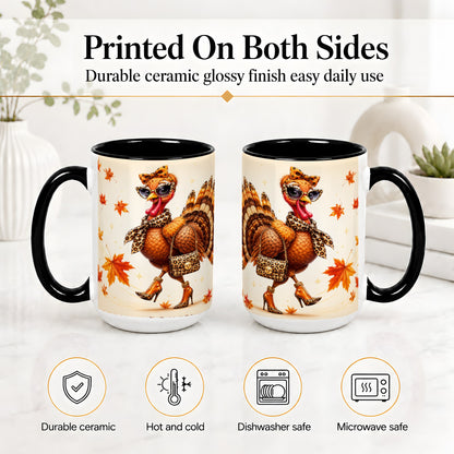 #pl[15oz|Black] Fashion Turkey Accent Mug, Ceramic Mug with Leopard Print Artwork