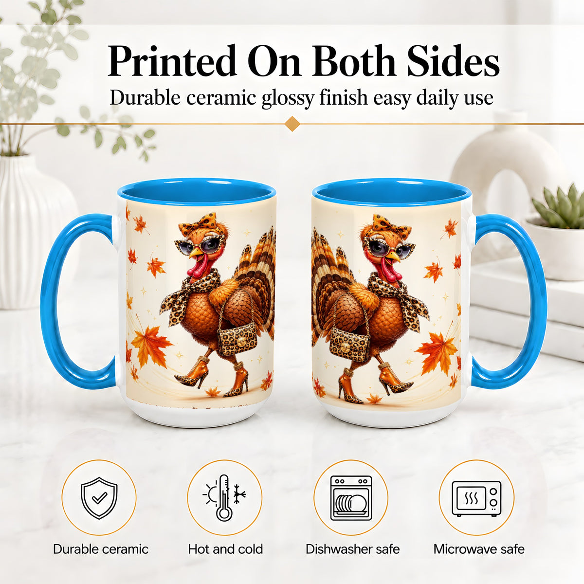 #pl[15oz|Blue] Fashion Turkey Accent Mug, Ceramic Mug with Leopard Print Artwork