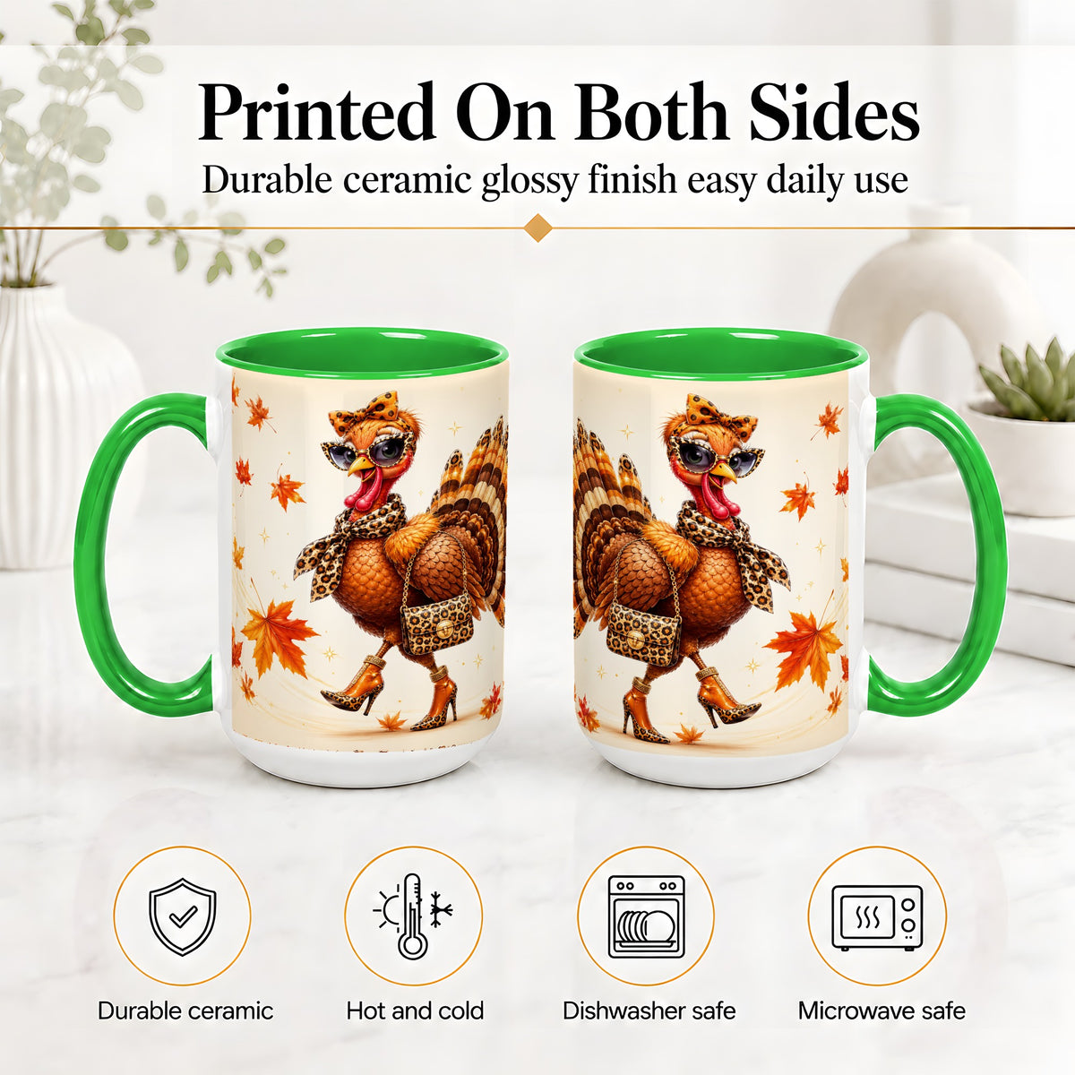 #pl[15oz|Green] Fashion Turkey Accent Mug, Ceramic Mug with Leopard Print Artwork