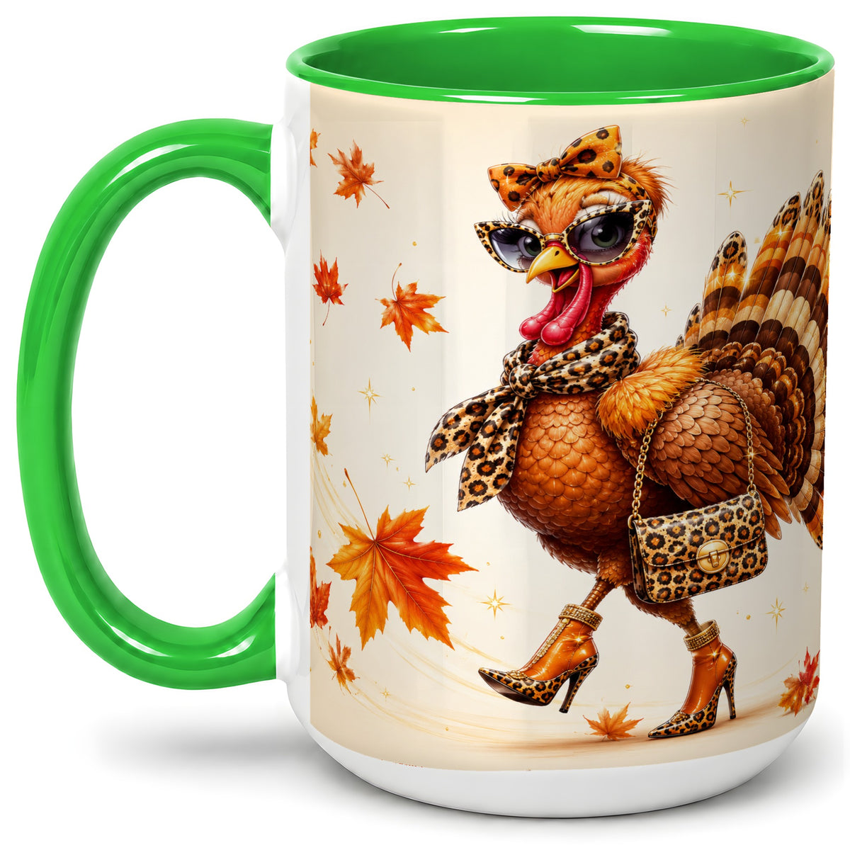 #pl[15oz|Green] Fashion Turkey Accent Mug, Ceramic Mug with Leopard Print Artwork