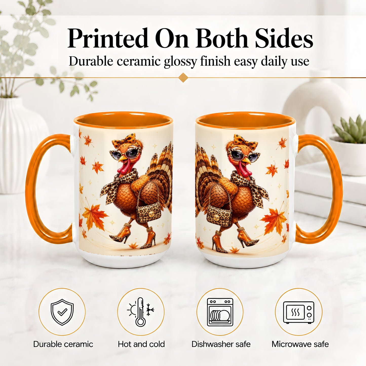 #pl[15oz|Orange] Fashion Turkey Accent Mug, Ceramic Mug with Leopard Print Artwork