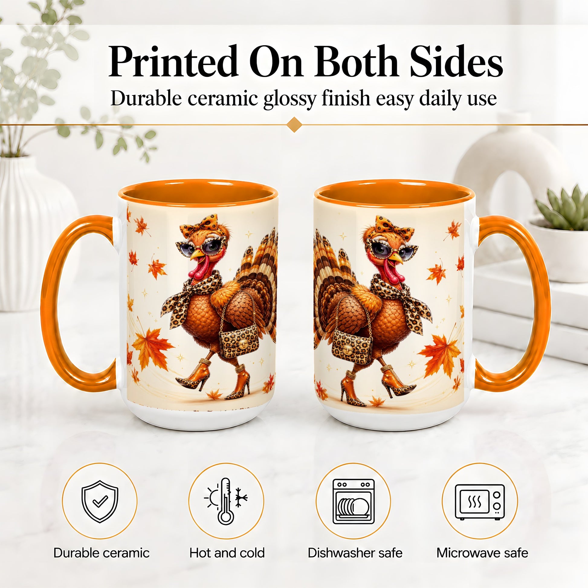 #pl[15oz|Orange] Fashion Turkey Accent Mug, Ceramic Mug with Leopard Print Artwork