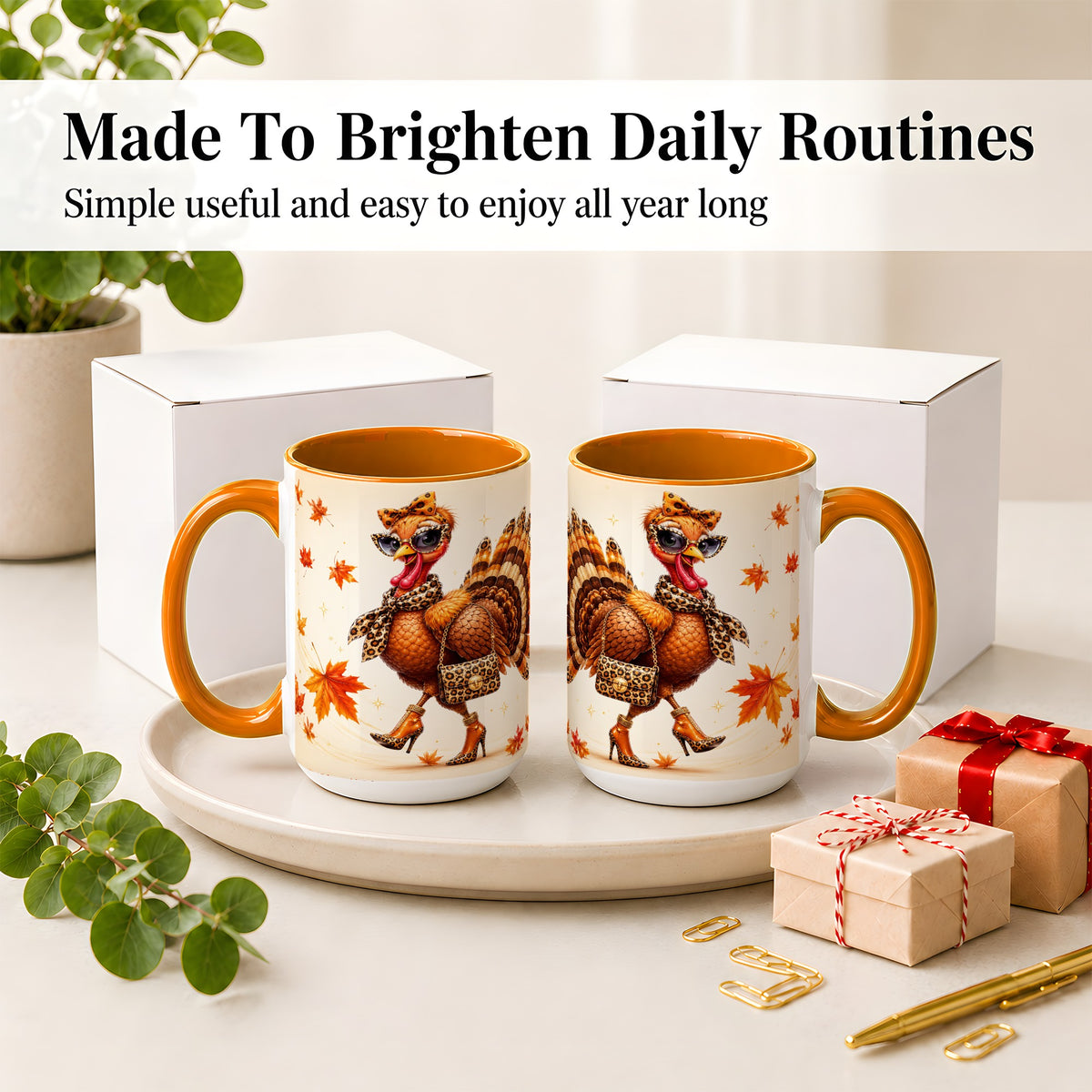 #pl[15oz|Orange] Fashion Turkey Accent Mug, Ceramic Mug with Leopard Print Artwork