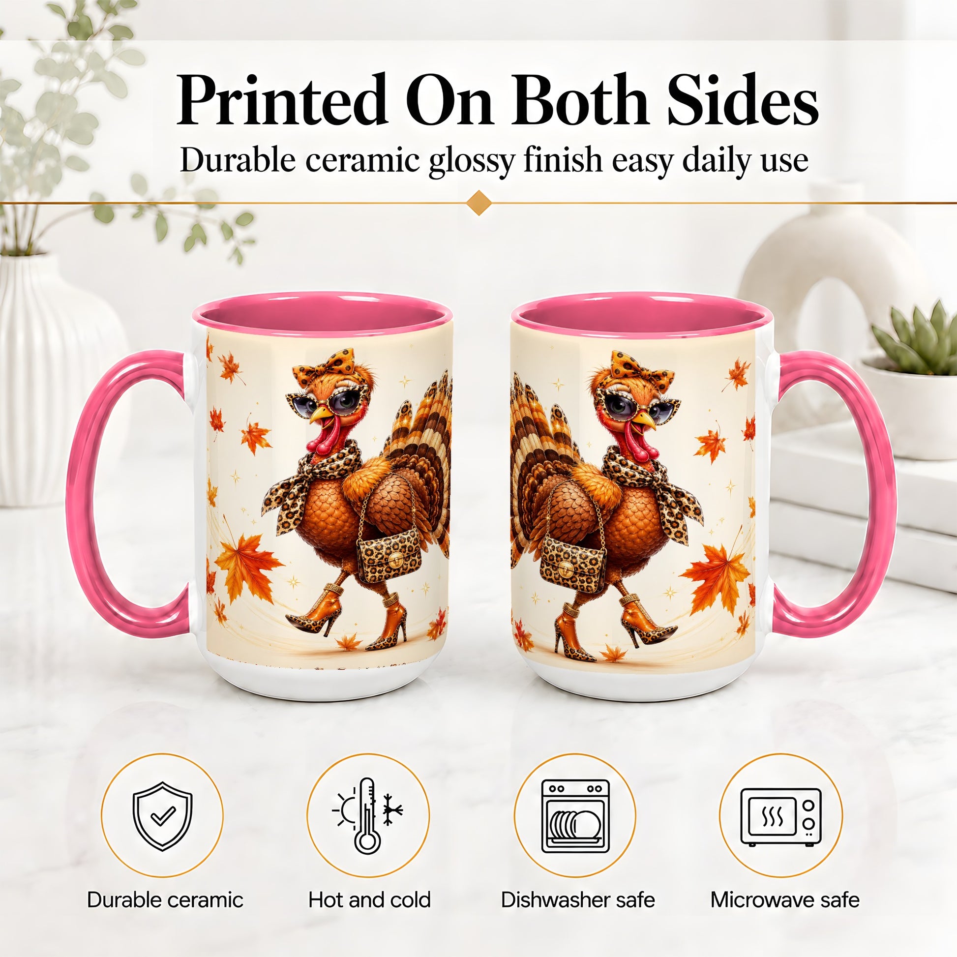 #pl[15oz|Pink] Fashion Turkey Accent Mug, Ceramic Mug with Leopard Print Artwork