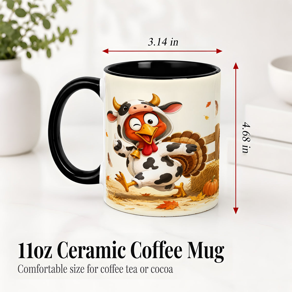 #pl[11oz|Black] Funny Turkey Accent Mug, Ceramic Mug with Cow Costume Fall Artwork