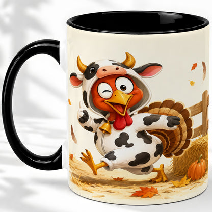 #pl[11oz|Black] Funny Turkey Accent Mug, Ceramic Mug with Cow Costume Fall Artwork