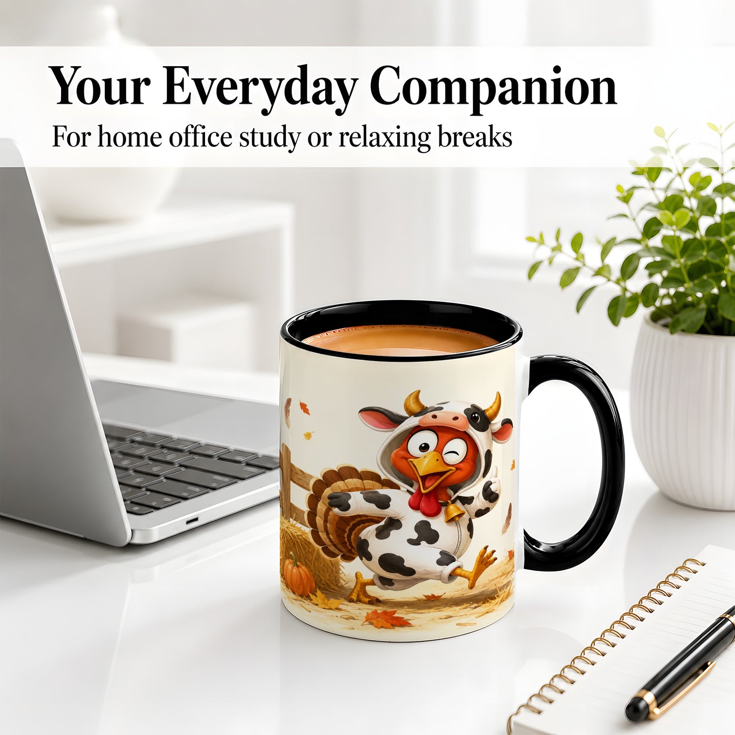 #pl[11oz|Black] Funny Turkey Accent Mug, Ceramic Mug with Cow Costume Fall Artwork