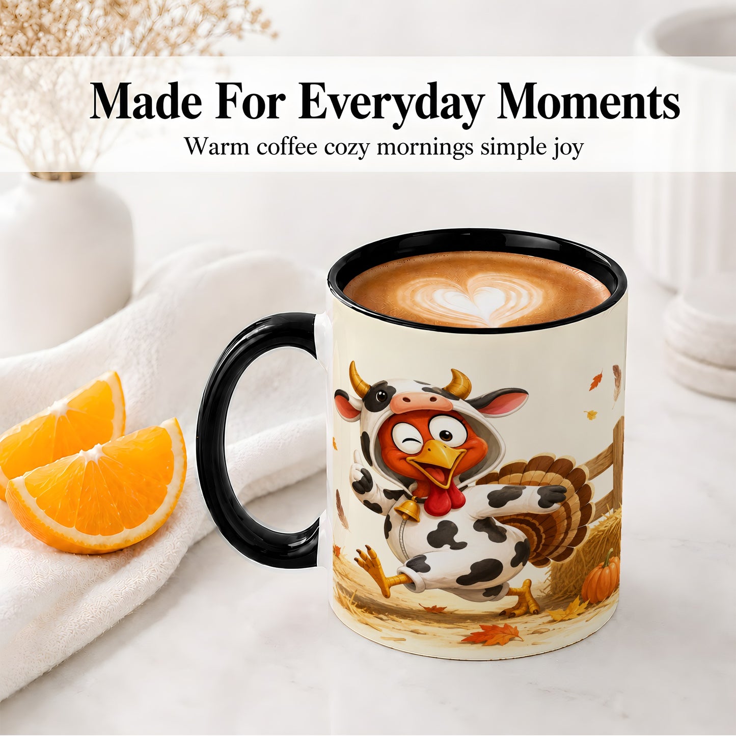 #pl[11oz|Black] Funny Turkey Accent Mug, Ceramic Mug with Cow Costume Fall Artwork