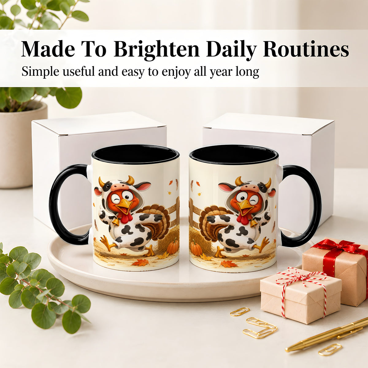 #pl[11oz|Black] Funny Turkey Accent Mug, Ceramic Mug with Cow Costume Fall Artwork