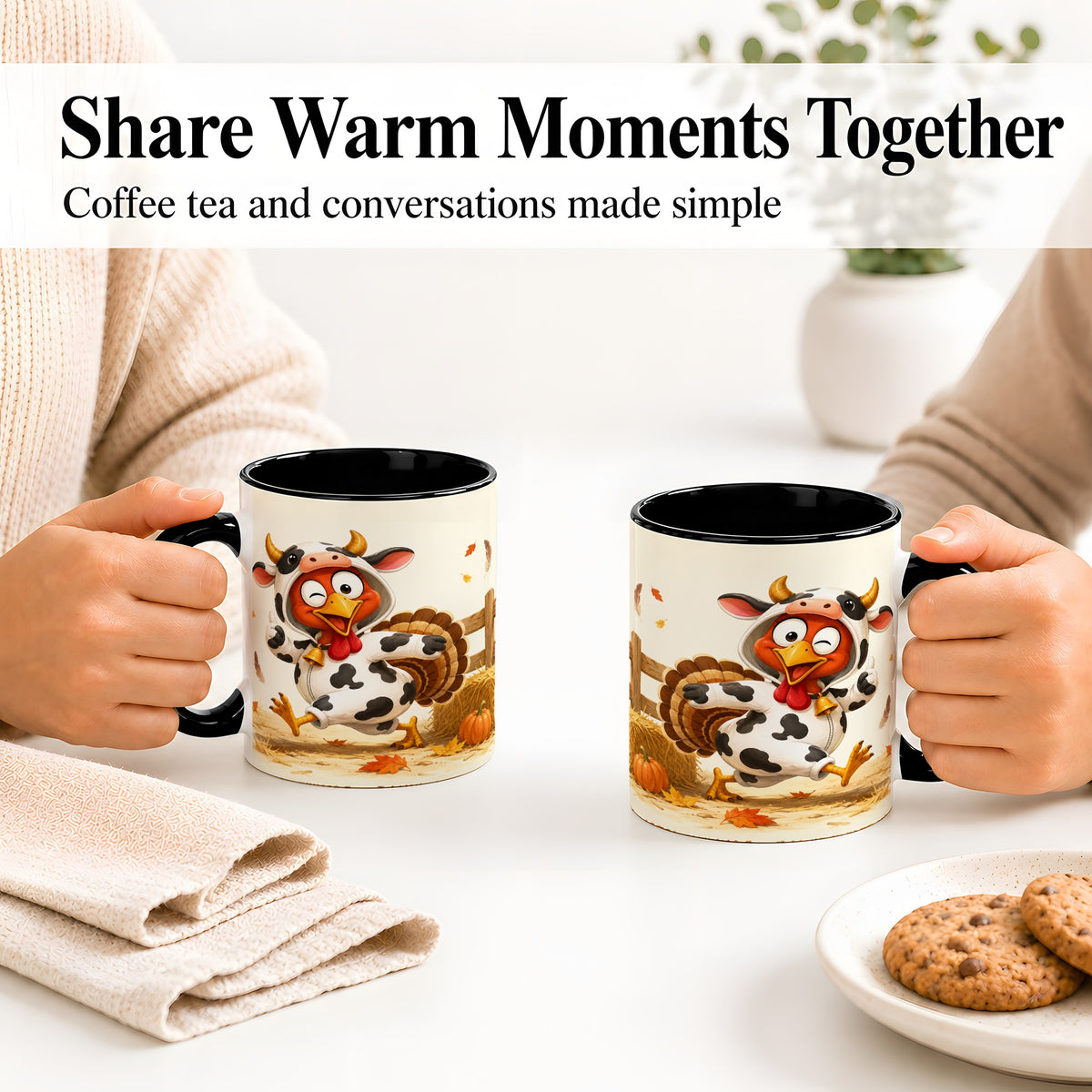 #pl[11oz|Black] Funny Turkey Accent Mug, Ceramic Mug with Cow Costume Fall Artwork