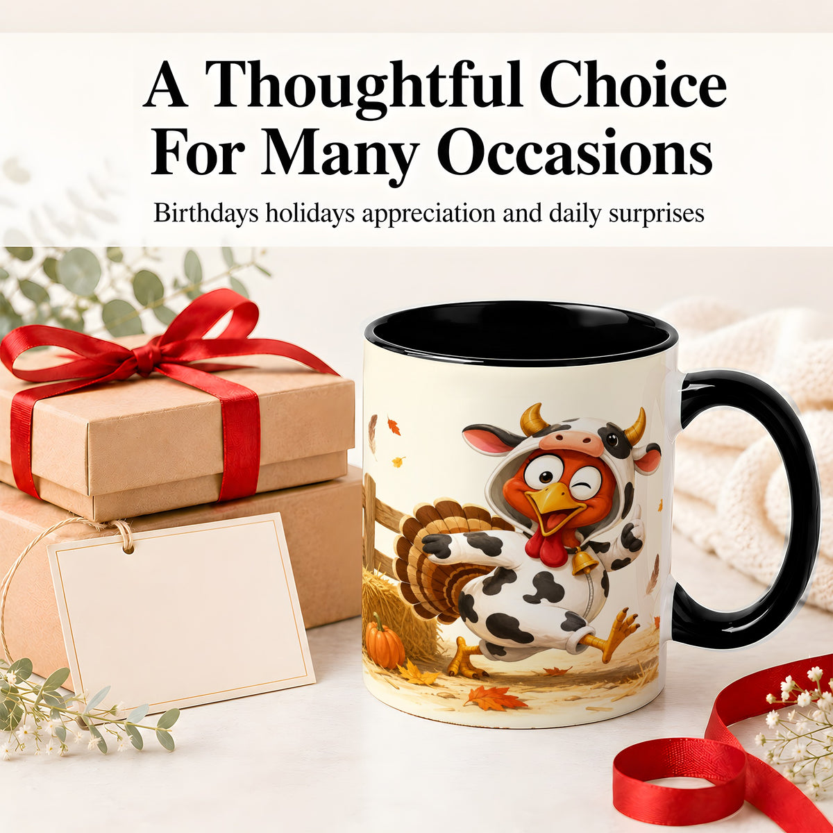 #pl[11oz|Black] Funny Turkey Accent Mug, Ceramic Mug with Cow Costume Fall Artwork