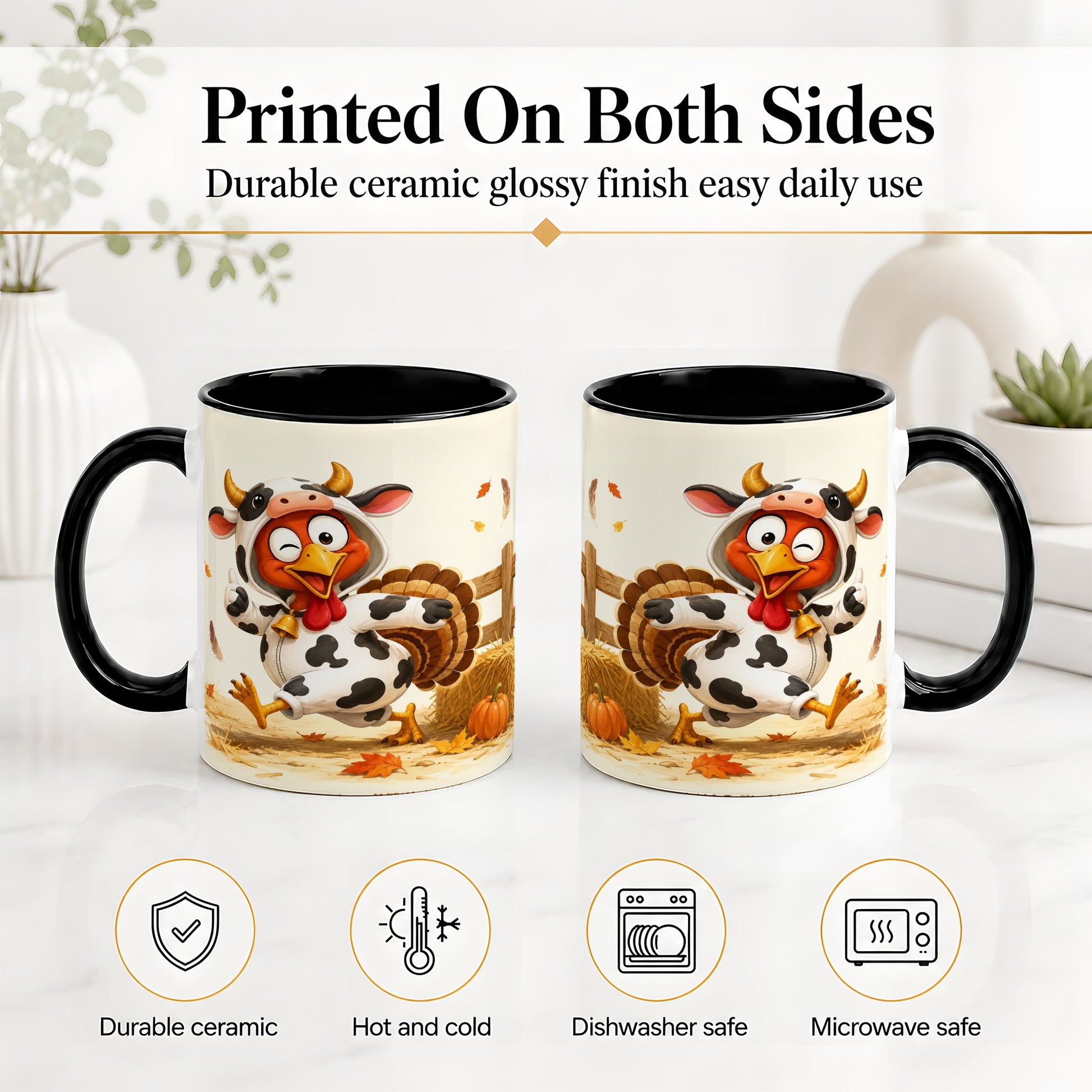 #pl[11oz|Black] Funny Turkey Accent Mug, Ceramic Mug with Cow Costume Fall Artwork