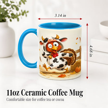 #pl[11oz|Blue] Funny Turkey Accent Mug, Ceramic Mug with Cow Costume Fall Artwork