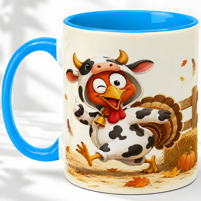 #pl[11oz|Blue] Funny Turkey Accent Mug, Ceramic Mug with Cow Costume Fall Artwork