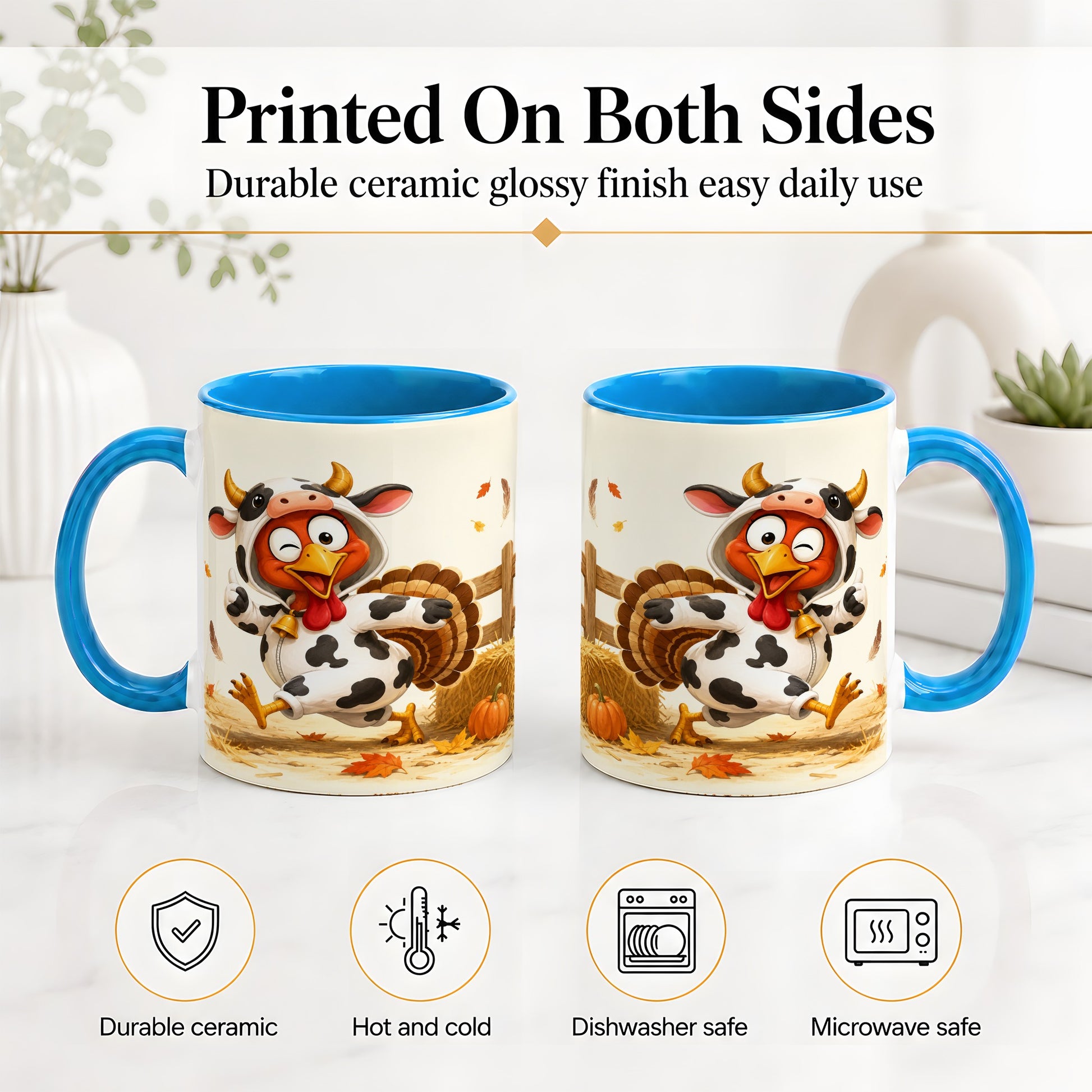 #pl[11oz|Blue] Funny Turkey Accent Mug, Ceramic Mug with Cow Costume Fall Artwork