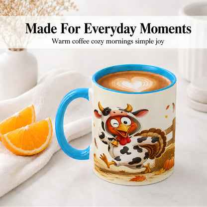 #pl[11oz|Blue] Funny Turkey Accent Mug, Ceramic Mug with Cow Costume Fall Artwork