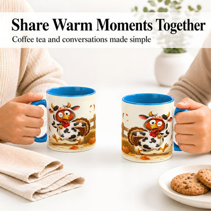#pl[11oz|Blue] Funny Turkey Accent Mug, Ceramic Mug with Cow Costume Fall Artwork
